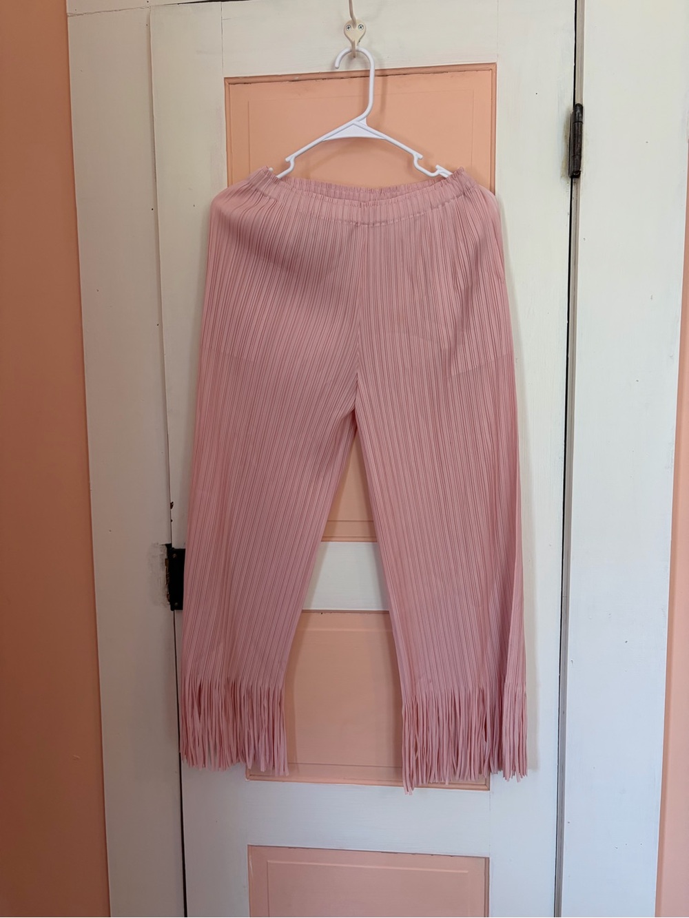 Pleated Pink Fringe Hem Pants